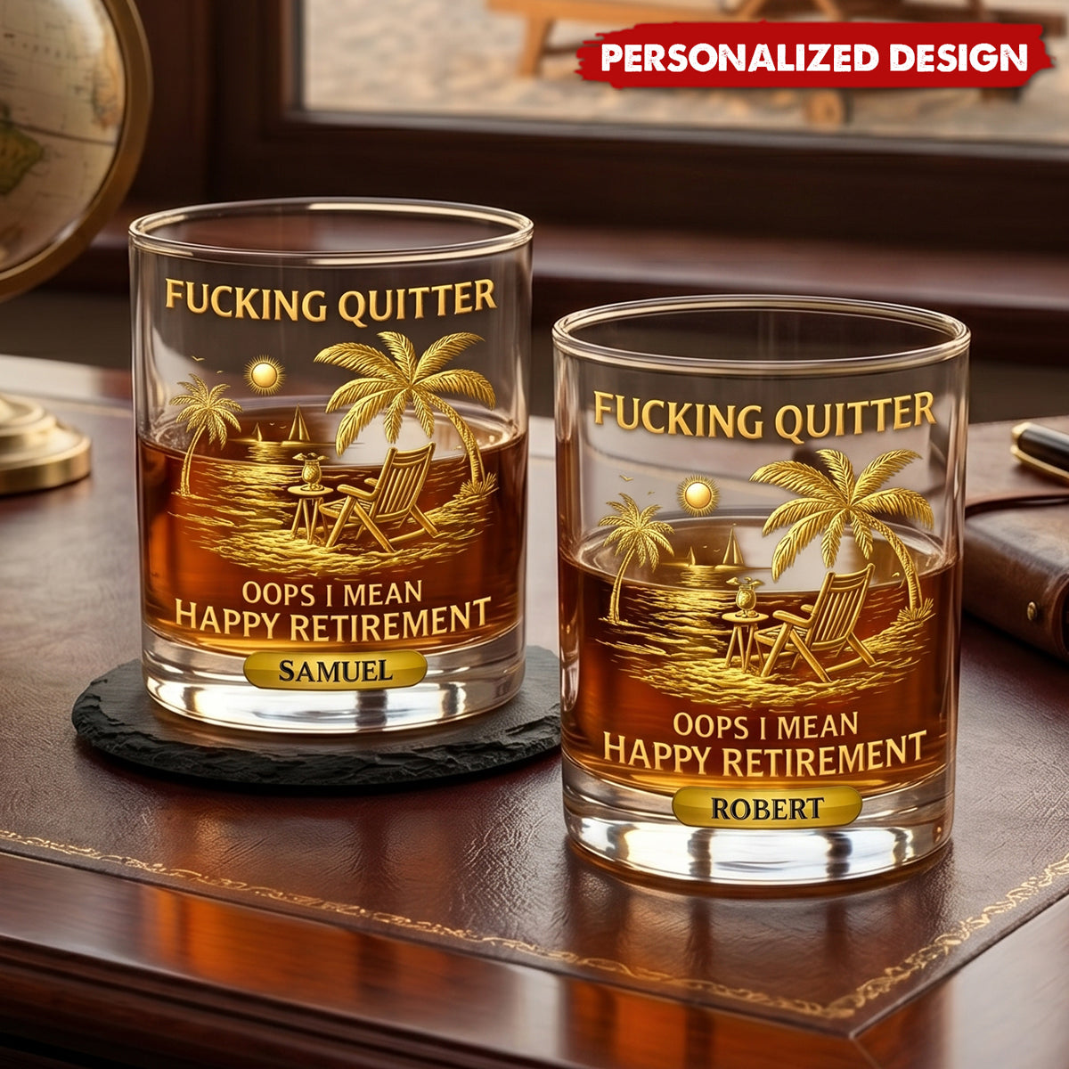 F*Cking Quitter Oops I Mean Happy Retirement - Personalized Whiskey Glass, Retirement Gift For Grandparent