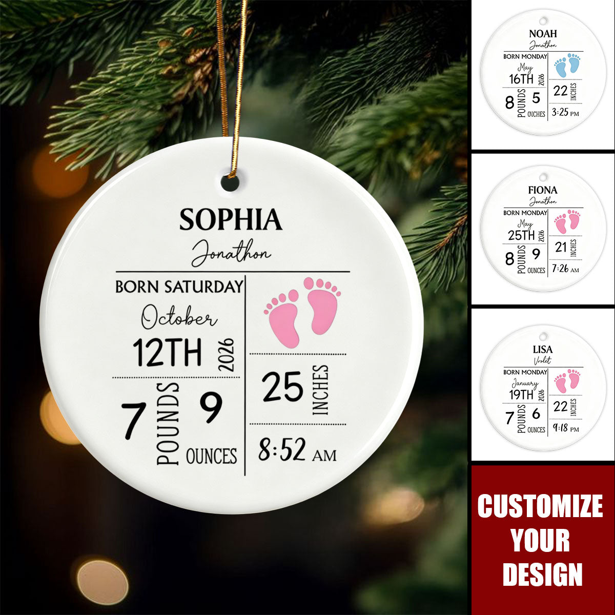 Personalized Baby Birth Stats Ceramic Ornament ‑ Custom Newborn Memory Souvenir Gift