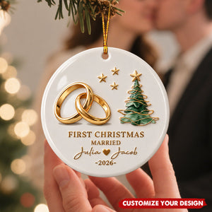 Personalized First Christmas Married Ceramic Ornament, Custom Couple Names & Year Keepsake Gift For Newlyweds