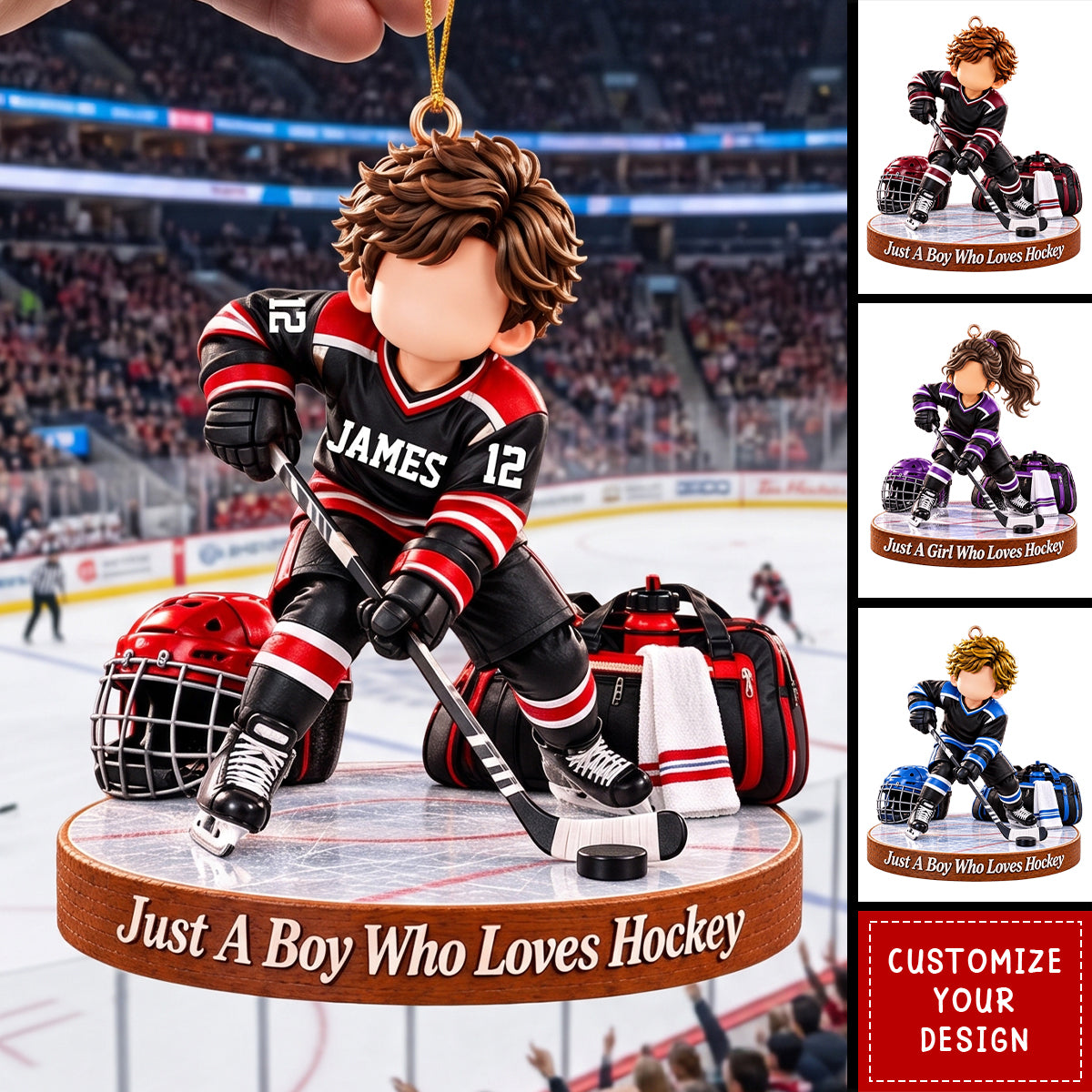 Personalized Ice Hockey Boy Girl Christmas Ornament, Custom Name & Number Hockey Player Gift