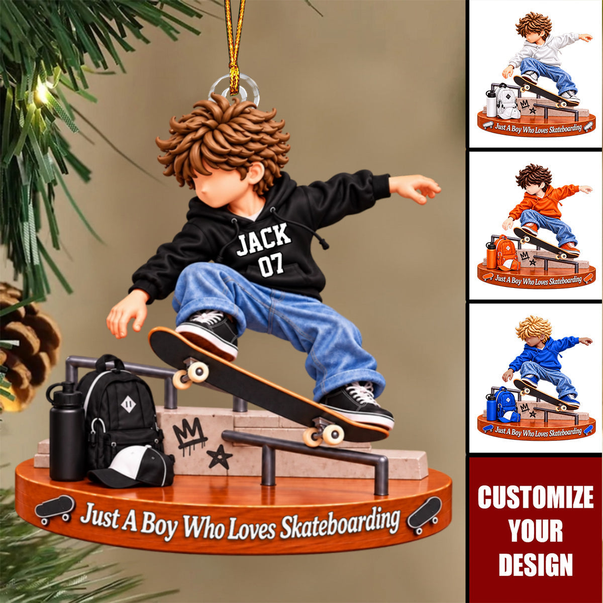 Personalized Skateboard Boy Christmas Ornament, Santa Hat Skater Tree Decor