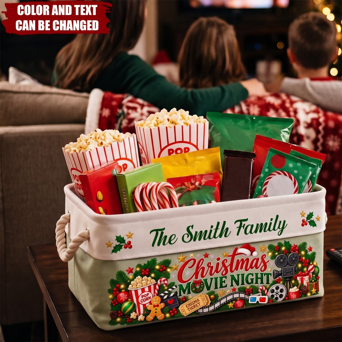 Christmas Movie Night Basket - Supplies Snack Storage Basket With Handles - Personalized Storage Basket