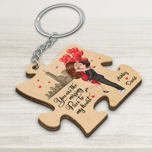 The Missing Piece To My Heart Doll Couple Hugging Kissing Gift For Him For Her Personalized Wooden Keychain