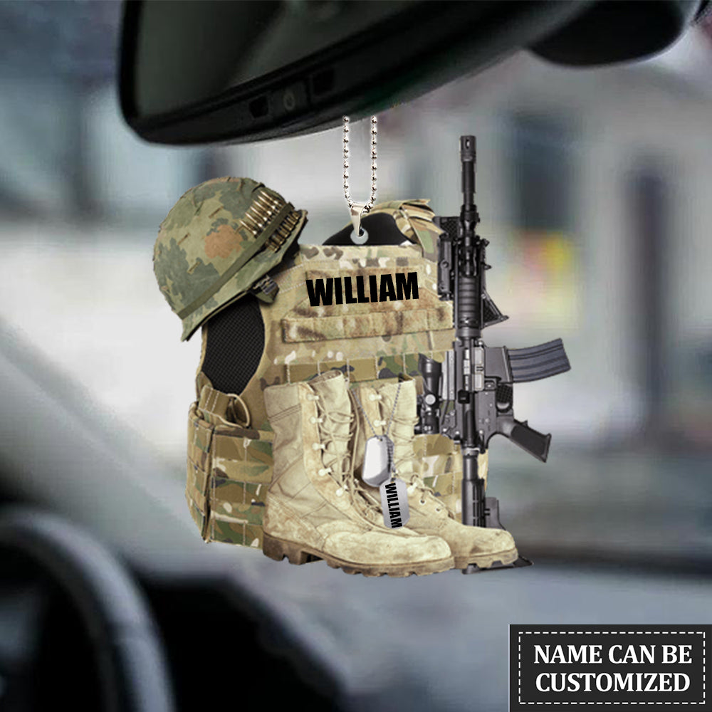 Veteran Boots, Bulletproof Vest, Helmet And Gun - Personalized Flat Acrylic Ornament