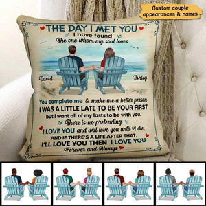 The Day I Met You Couple Sitting On Beach Personalized Pillow