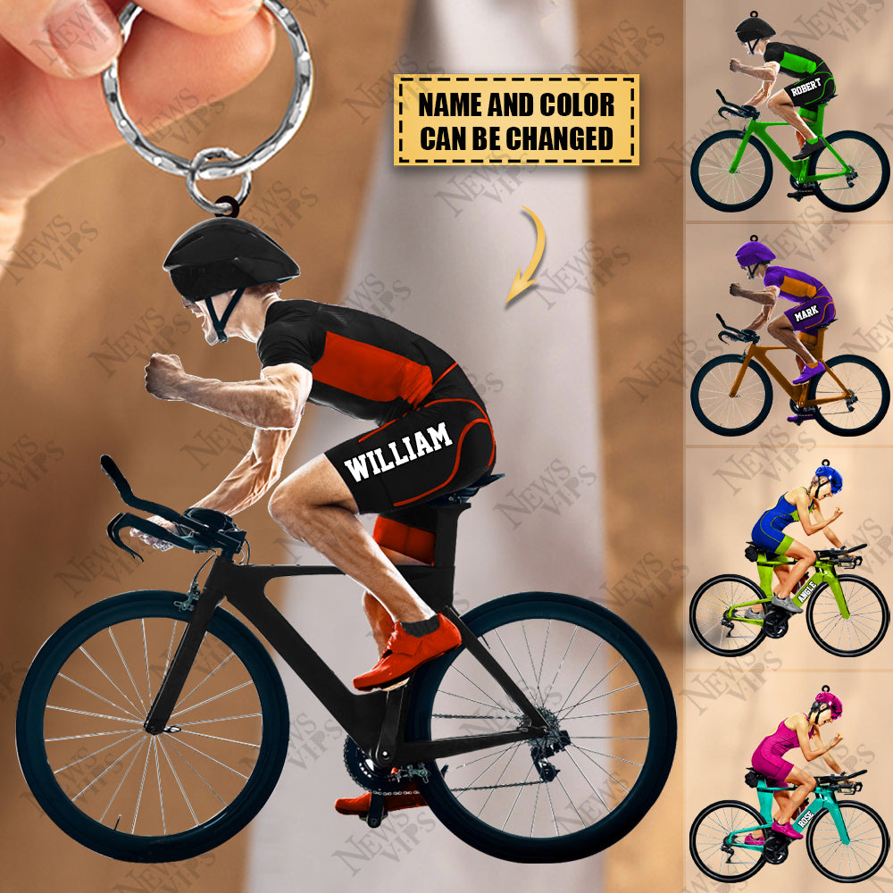 Personalized Fighting Triathlon Iron Athlete Biker Name Acrylic Flat Keychain For Biker