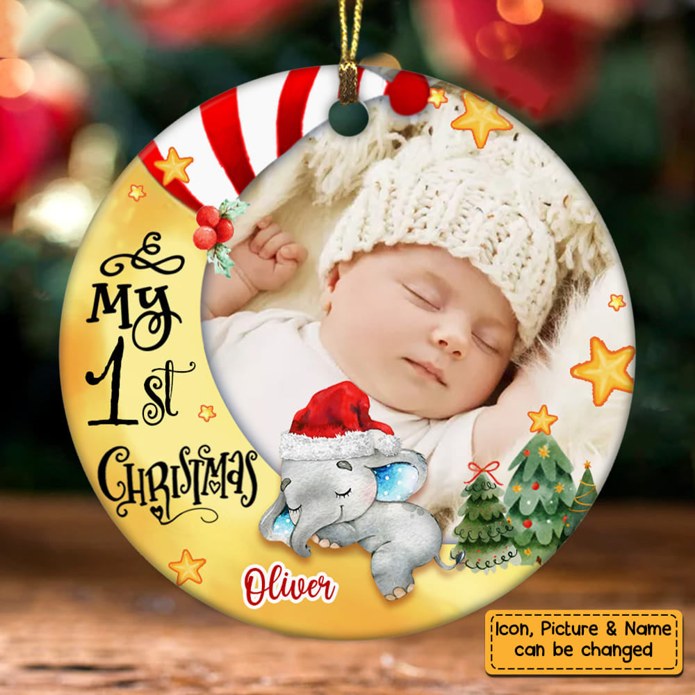 Personalized Baby First Christmas Photo Circle Ornament