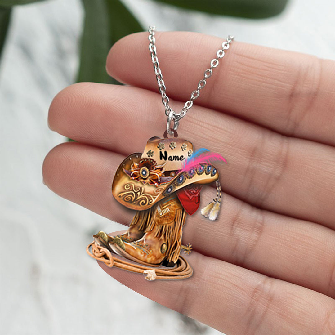 Vintage Cowgirl Boots And Hat -Personalized Stainless Steel Necklace