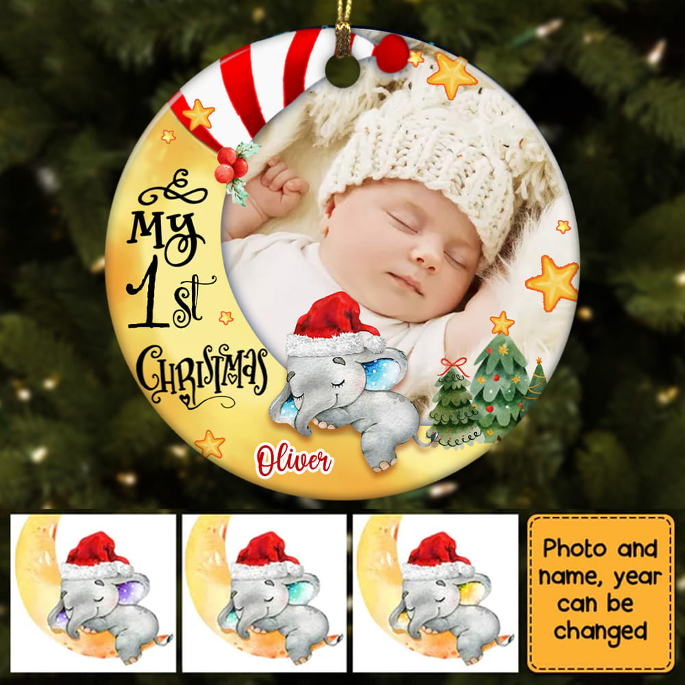 Personalized Baby First Christmas Photo Circle Ornament