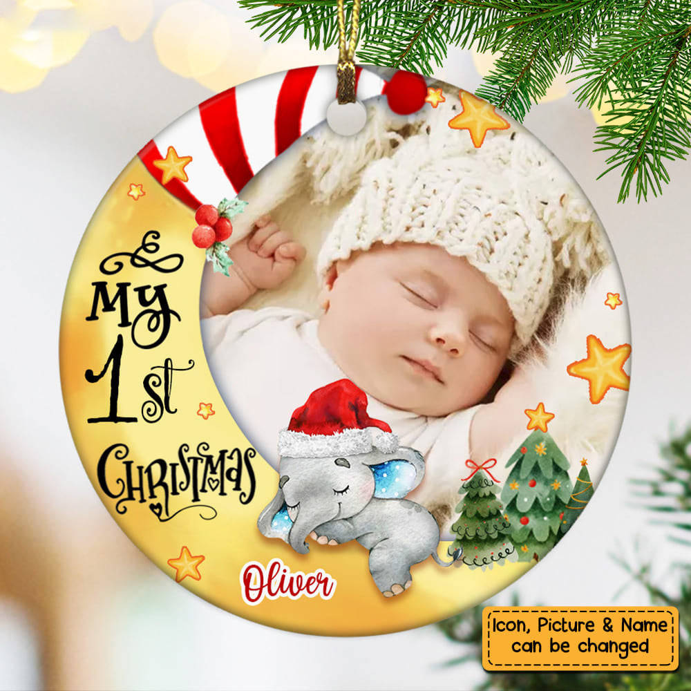 Personalized Baby First Christmas Photo Circle Ornament