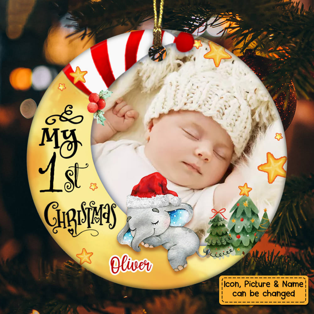 Personalized Baby First Christmas Photo Circle Ornament