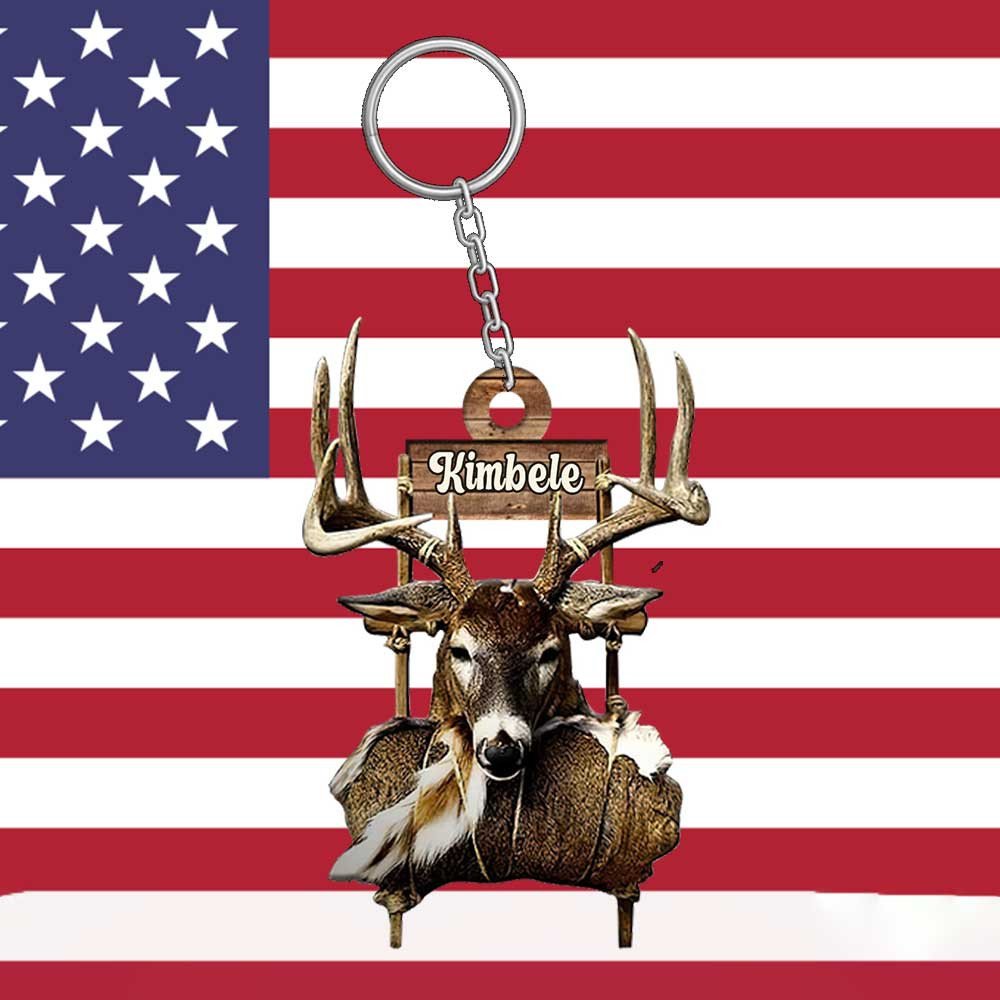 PERSONALIZED DEER HUNTING KEYCHAIN, CUSTOM NAME ACRYLIC FLAT KEYCHAIN FOR HUNTER, GIFT FOR FATHER