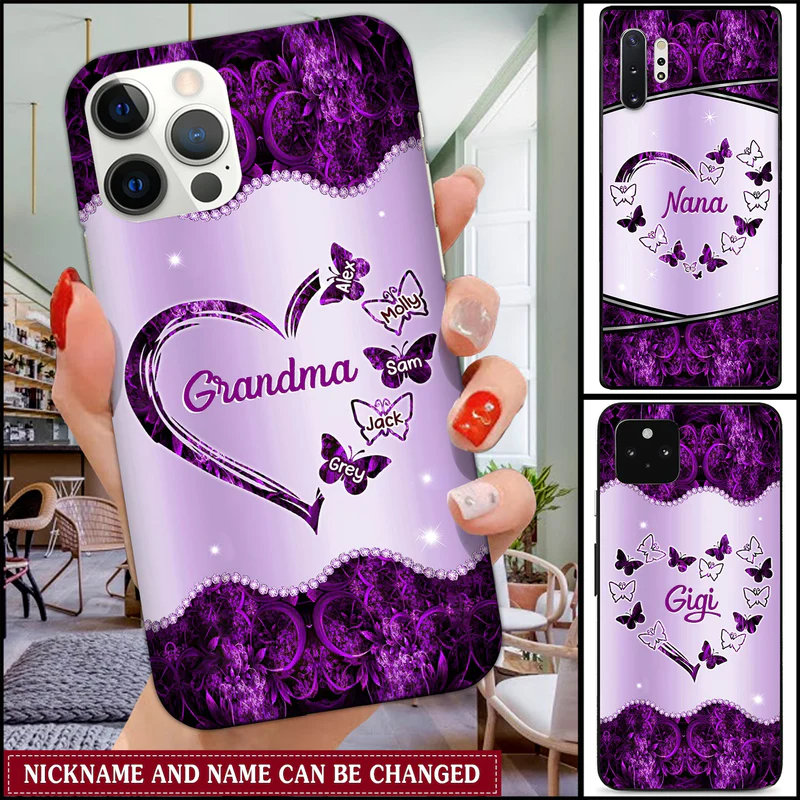 Grandma Mom Violet Heart Butterfly Mother's Day Gift Personalized Glass Phone Case