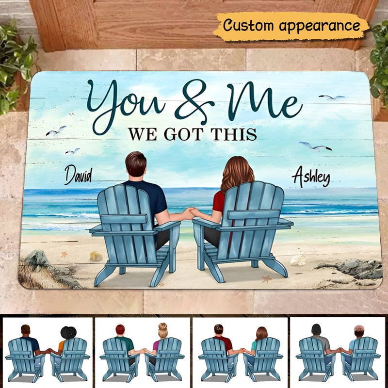 BACK VIEW COUPLE SITTING BEACH LANDSCAPE PERSONALIZED DOORMAT