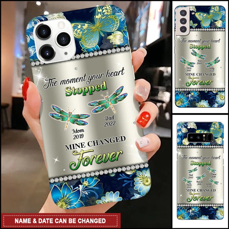 The Moment Your Heart Stopped Mine Changed Forever Dragonfly Sparkle Pattern Memorial Gift Glass Phone Case