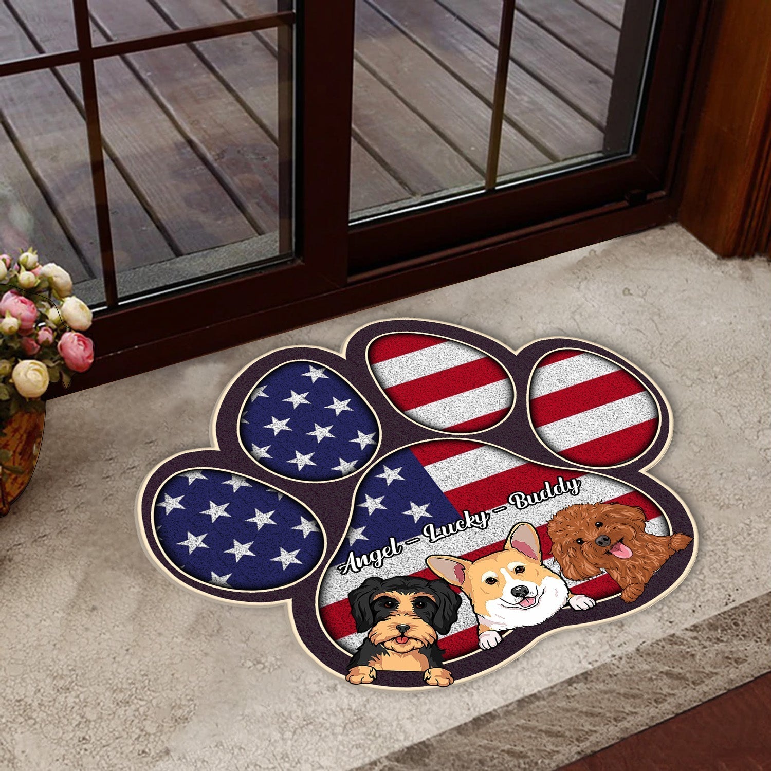 Cute Dogs With US Flag Personalized Custom Shaped Doormat, Funny Dog Gift For Independence Day