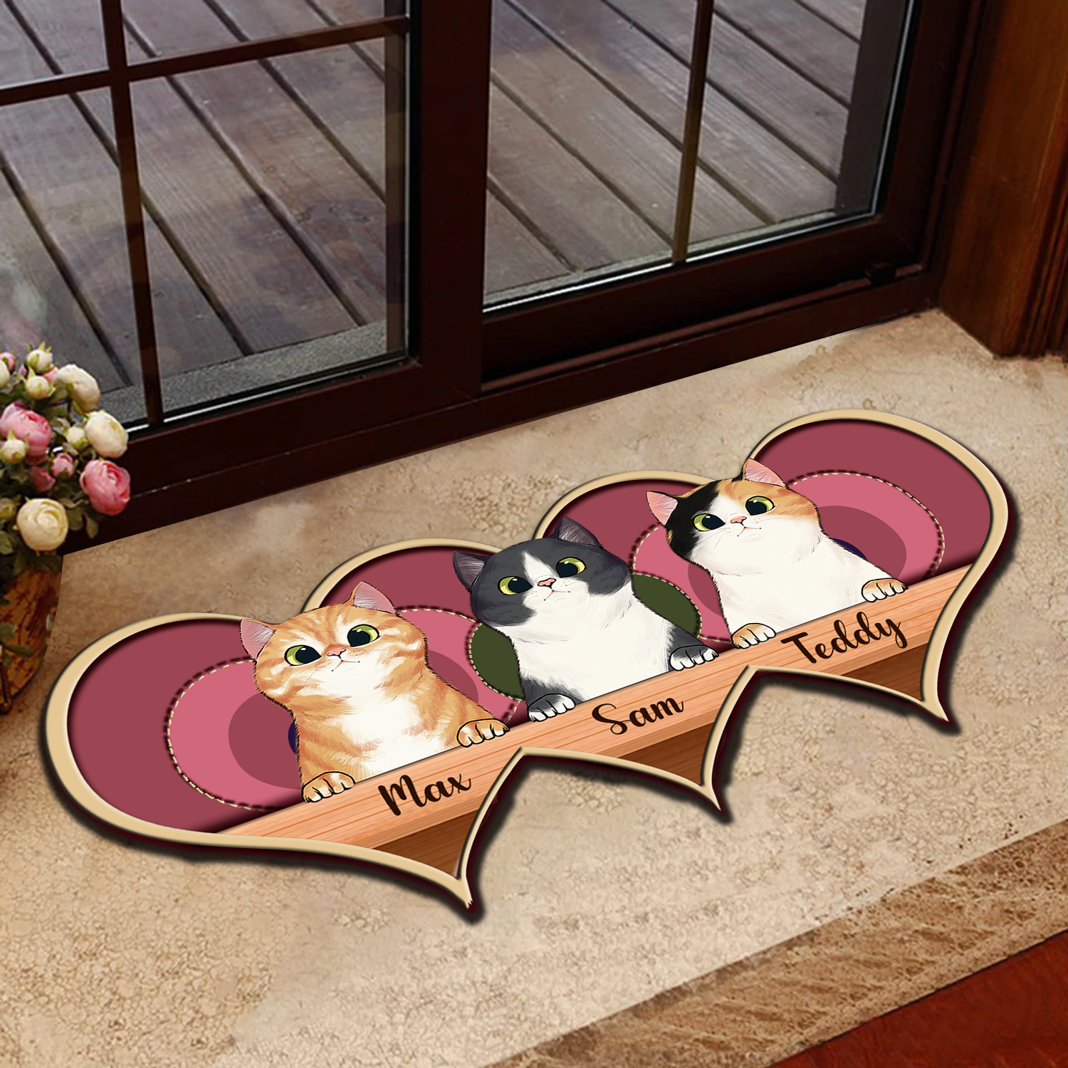 Cat Pink Hearts Personalized Custom Shaped Doormat