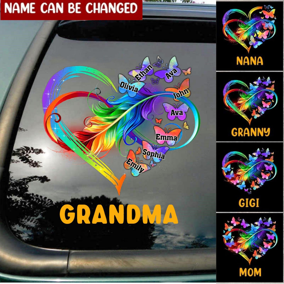 Grandma Mom Heart Hand Butterfly Rainbow Print Personalized Decal