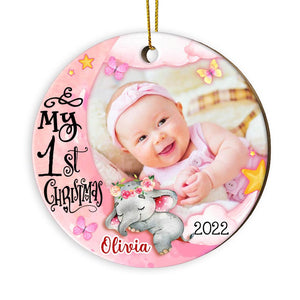 Personalized Pink Baby's First Christmas Elephant For Girl Circle Ornament