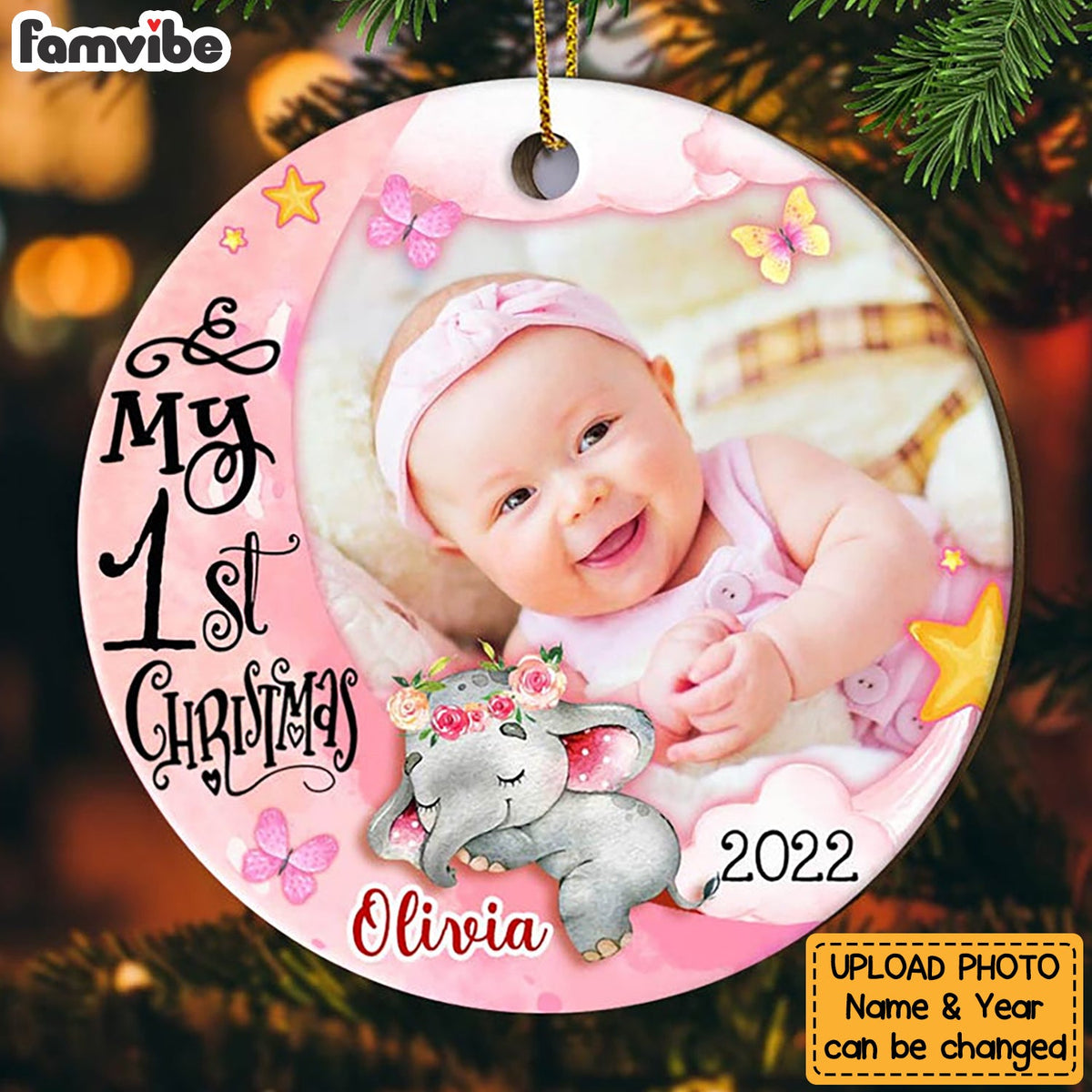 Personalized Pink Baby's First Christmas Elephant For Girl Circle Ornament
