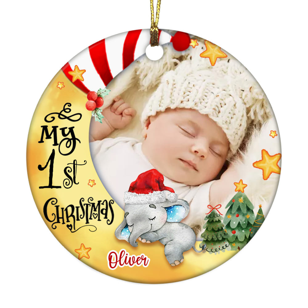 Personalized Baby First Christmas Photo Circle Ornament