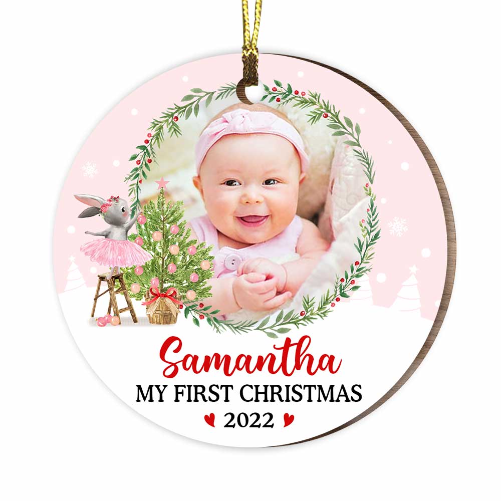 Personalized Pink Baby First Christmas Bunny Photo Circle Ornament