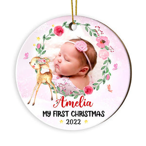 Personalized Baby First Christmas Photo Deer Circle Ornament