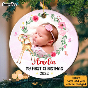 Personalized Baby First Christmas Photo Deer Circle Ornament