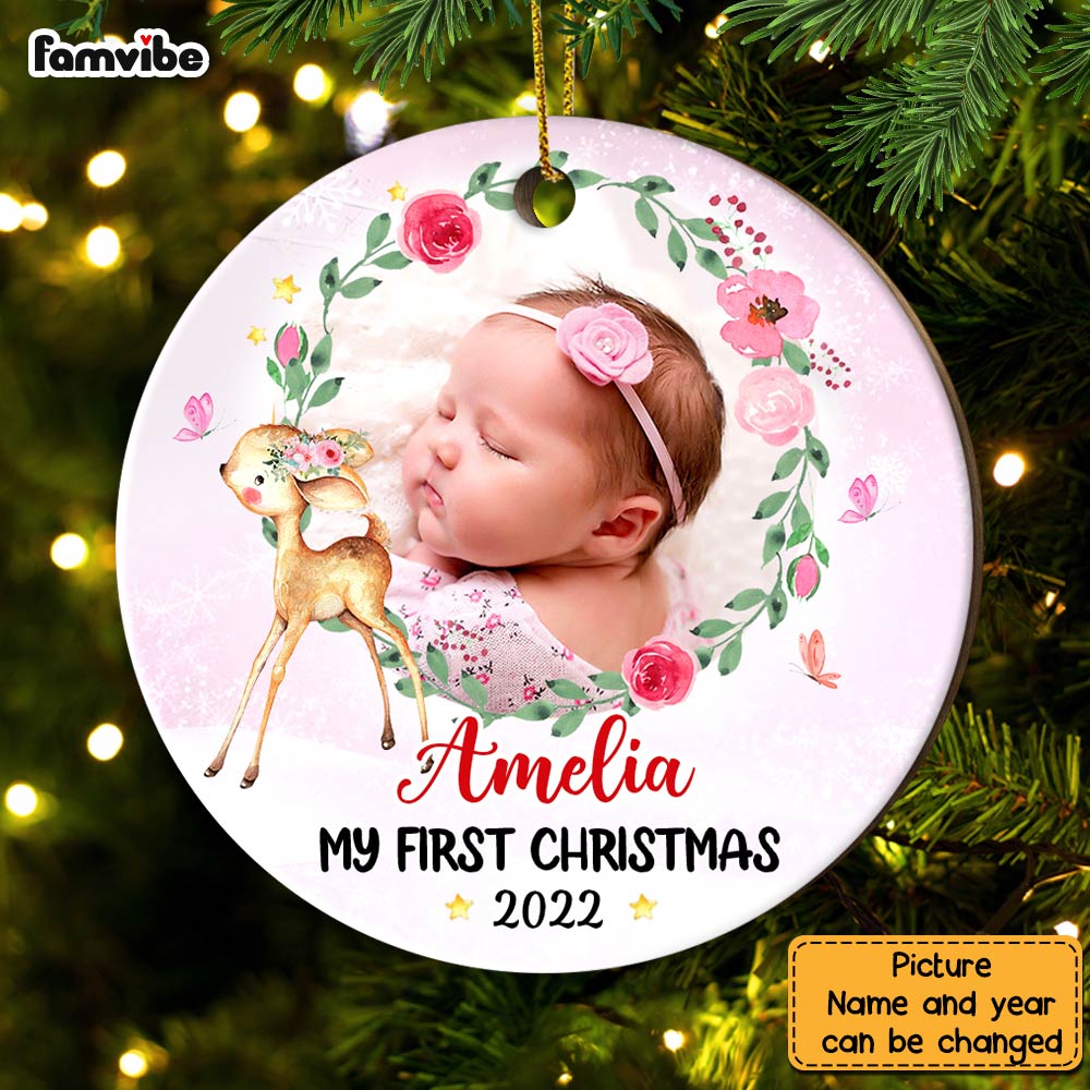 Personalized Baby First Christmas Photo Deer Circle Ornament