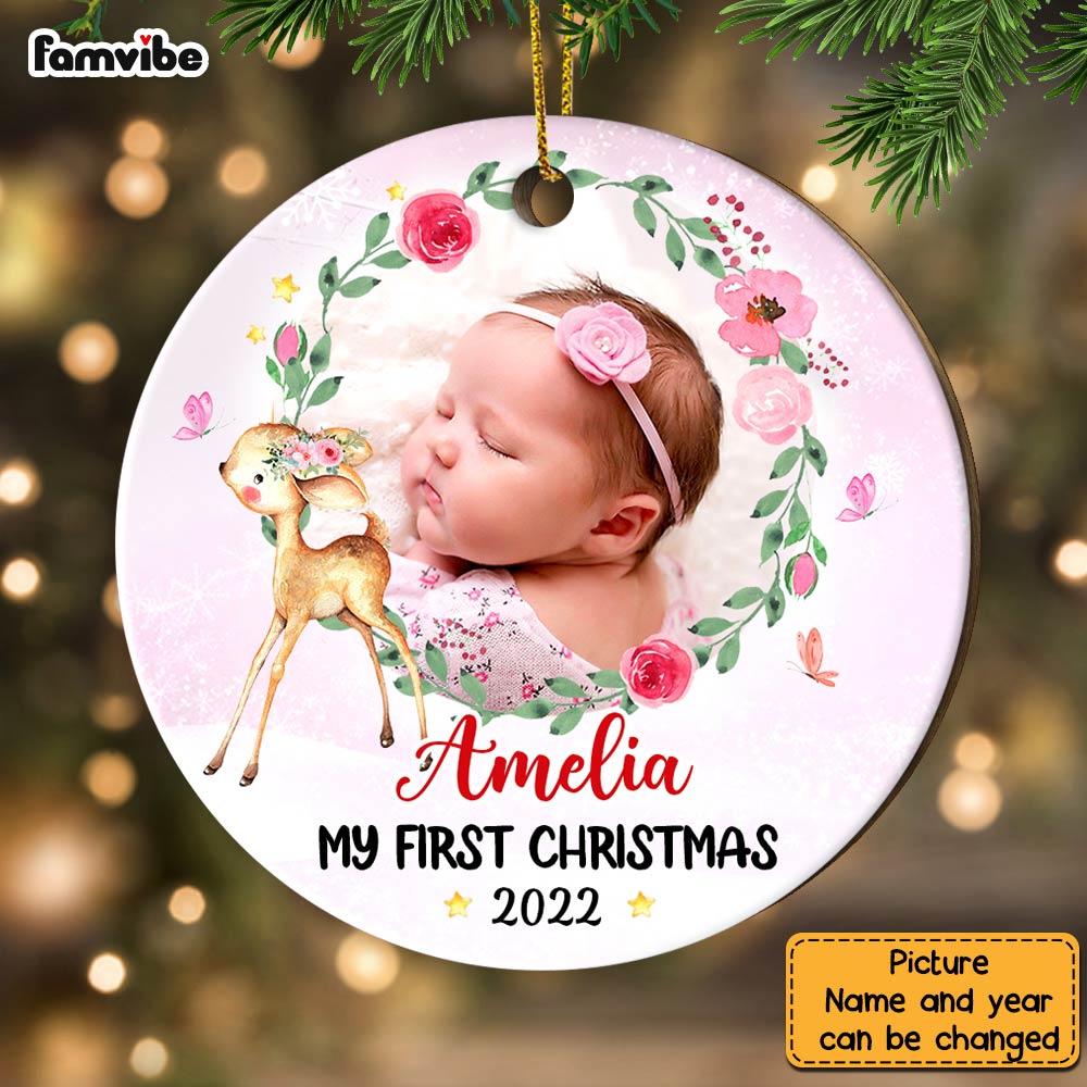 Personalized Baby First Christmas Photo Deer Circle Ornament