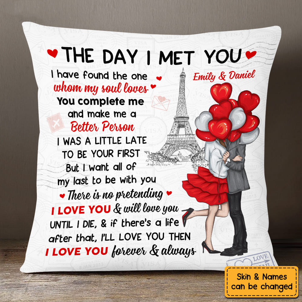 Personalized Couple With Balloons Heart The Day I Met You Pillow