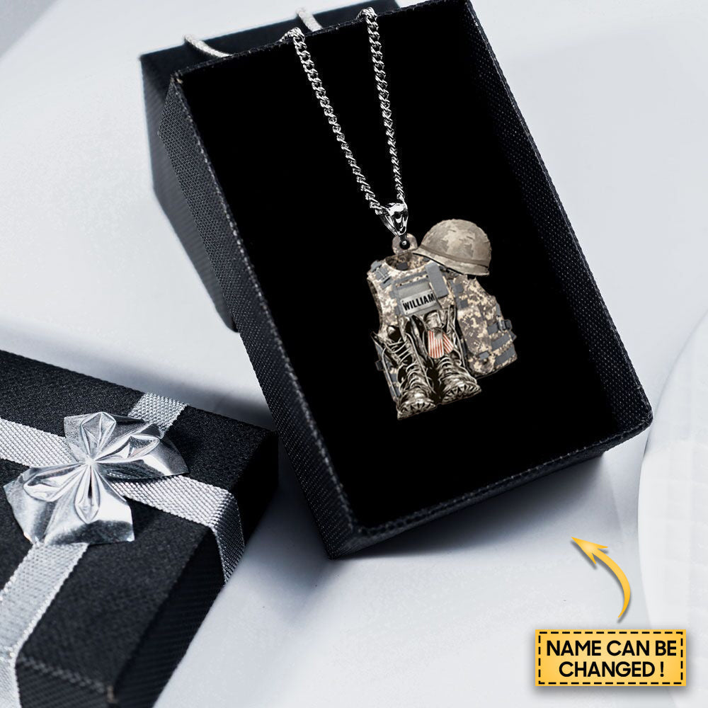 Military Uniform - Boots & Hat - Personalized Stainless Steel Necklace