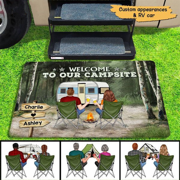 Green Forest Camping Couple Back View Personalized Doormat