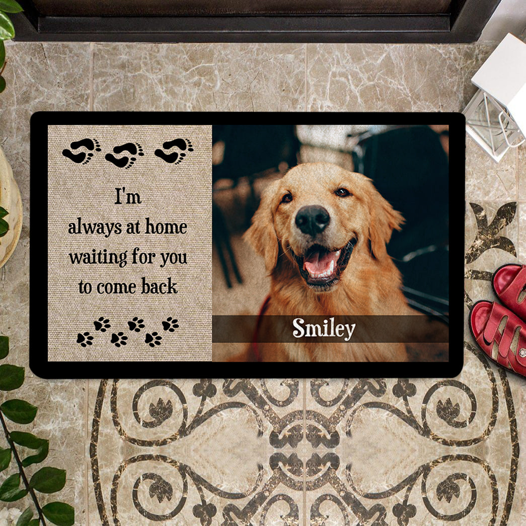 Always at Home Waiting for You Dog Photo Personalized Doormat