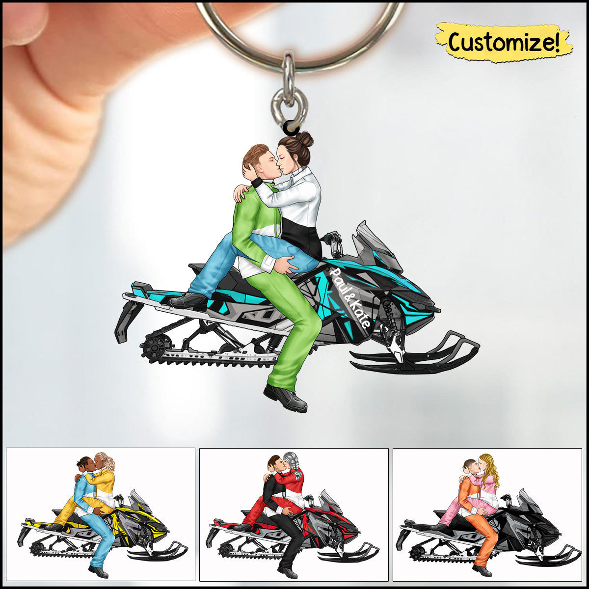 Kissing Snowmobiling Couple - Personalized Acrylic Keychain For Him, For Her