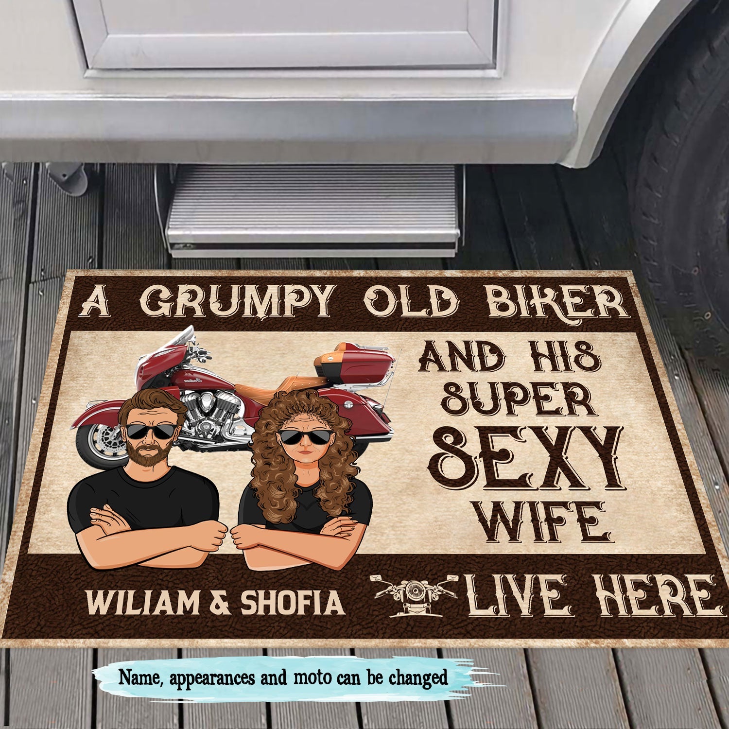 A Grumpy Old Biker And His Super Sexy Wife Live Here Motorcycle Personalized Doormat