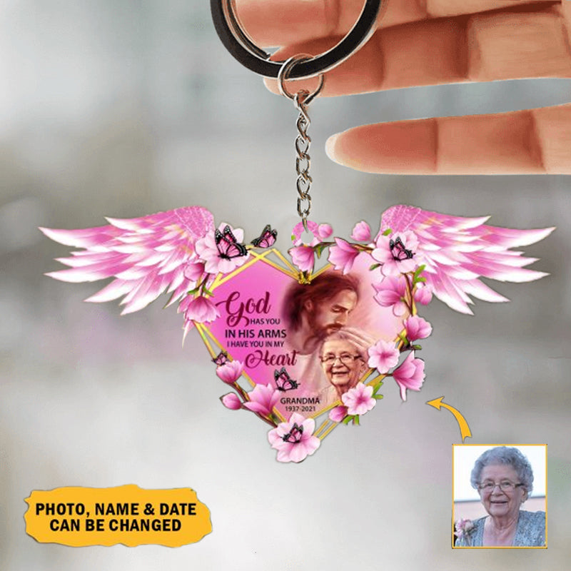 Personalized Memorial Acrylic Keychain With Wings- God Has You In Arms