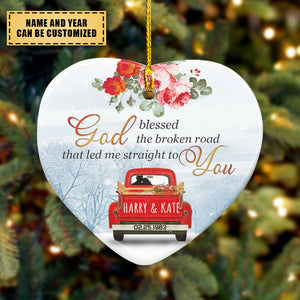 Personalized Love Couple Red Truck God Blessed The Broken Road That led me Straight to You Christmas Ornament