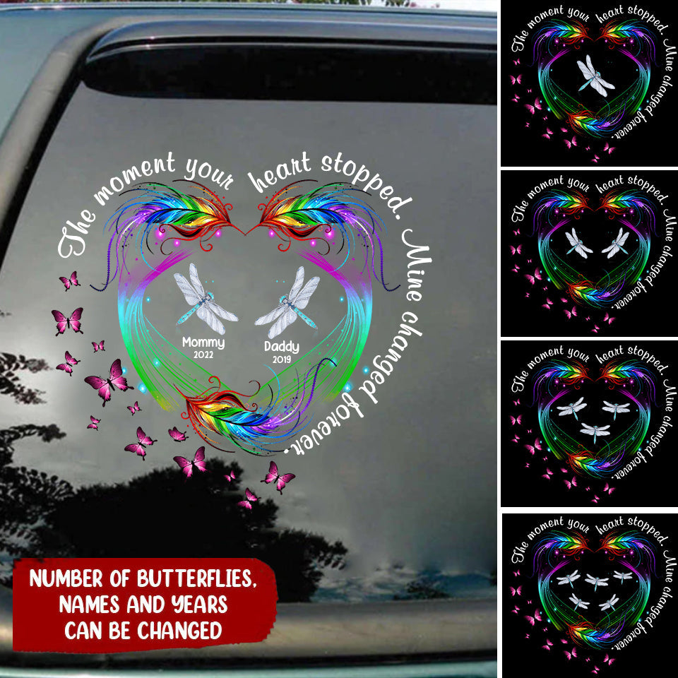 The Moment Your Heart Stopped Mine Changed Forever Dragonfly Feather Pattern Personalized Decal