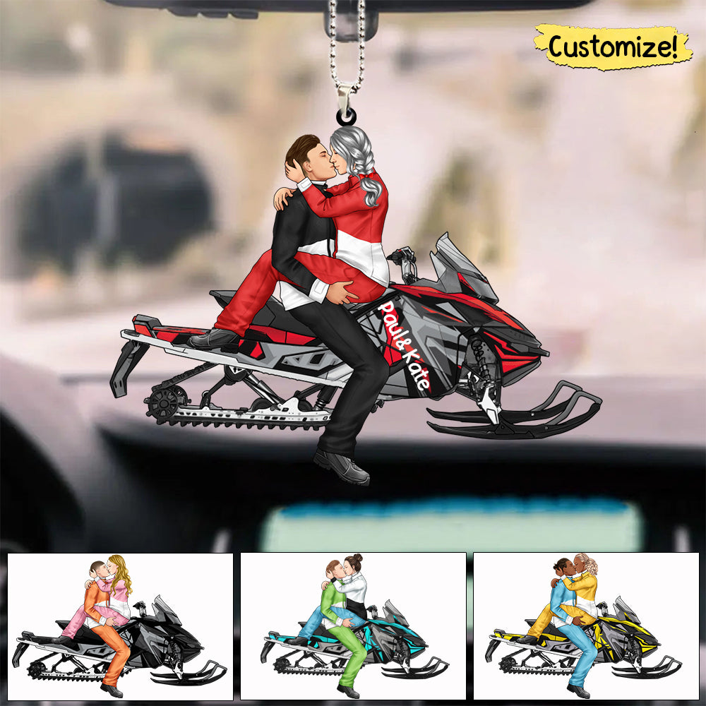 Kissing Snowmobiling Couple - Personalized Car Acrylic Ornament For Him, For Her