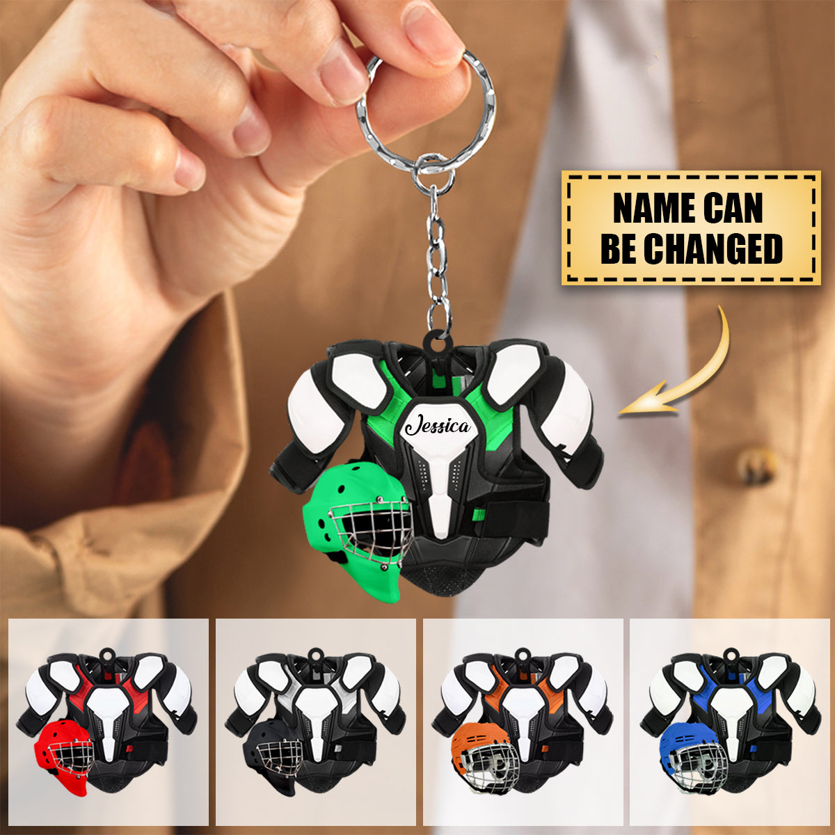 Personalized Hockey Helmet and Shoulder Pads Flat Acrylic Keychain - Gift for Hockey Players