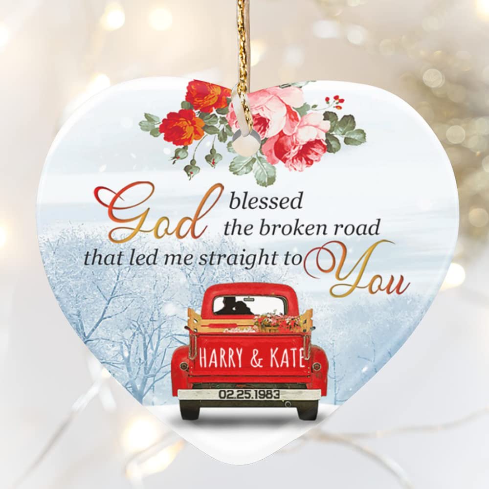Personalized Love Couple Red Truck God Blessed The Broken Road That led me Straight to You Christmas Ornament