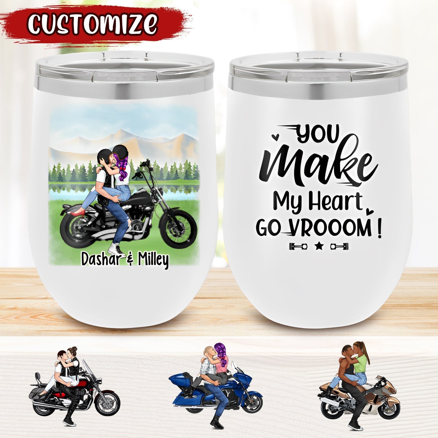 Kissing Motorcycle Couple - Personalized Wine Tumbler For Him, For Her, Motorcycle Lovers