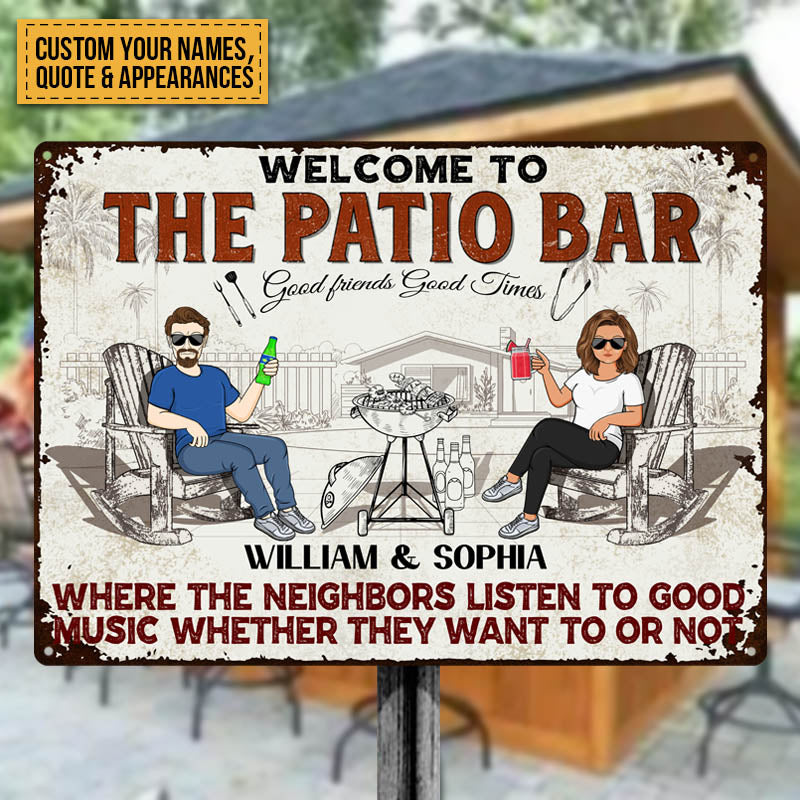 Patio Grilling Listen To The Good Music Couple Husband Wife - Backyard Sign - Personalized Custom Classic Metal Signs