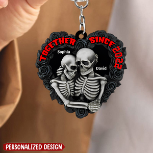 Personalized Skeleton Couple Keychain, Gift For Couple, Black Rose Heart Shape