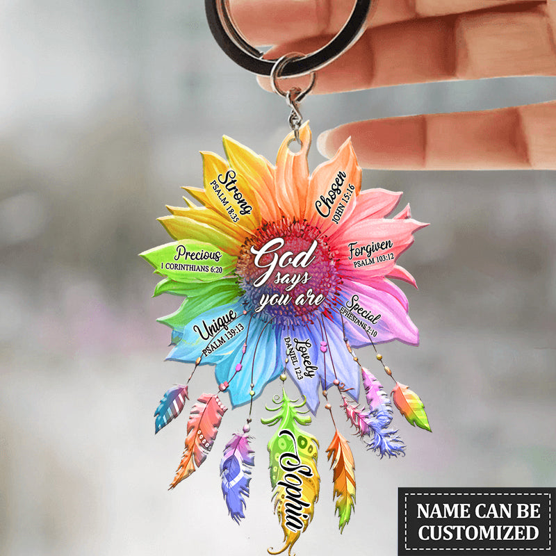 Personalized Rainbow Sunflower God Says Keychain