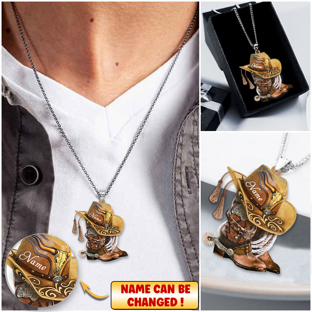 Vintage Cowboy Boots And Hat -Personalized Stainless Steel Necklace