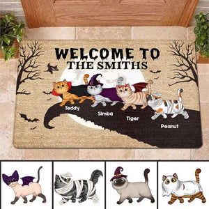 Halloween Moon And Cliff Fluffy Cats Welcome Personalized Doormat