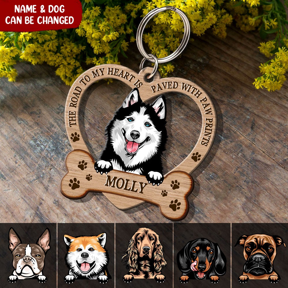 The Road To My Heart Is Paved With Paw Prints Custom Wooden Keychain