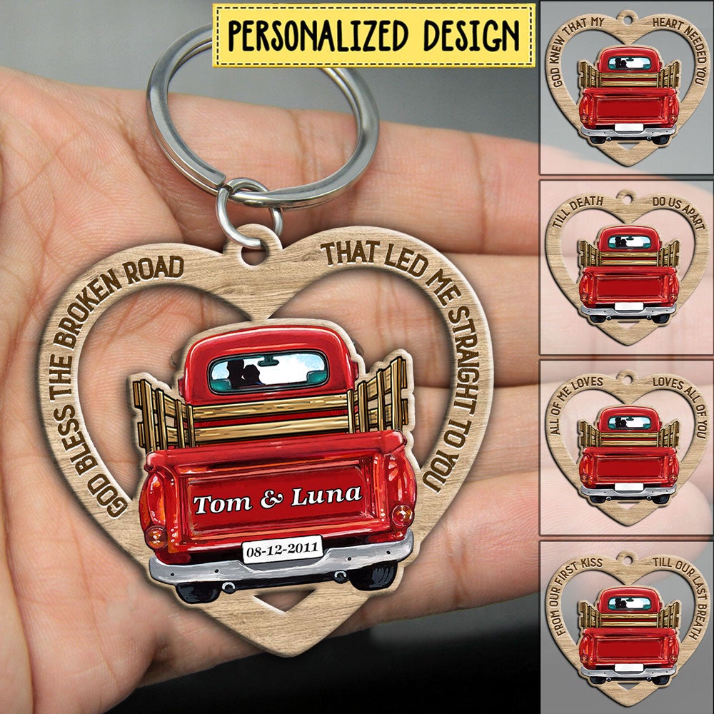 God Bless The Broken Road That Led me Straight To You Couple In Red Truck Custom Wooden Keychain Ntk14dec21sh1